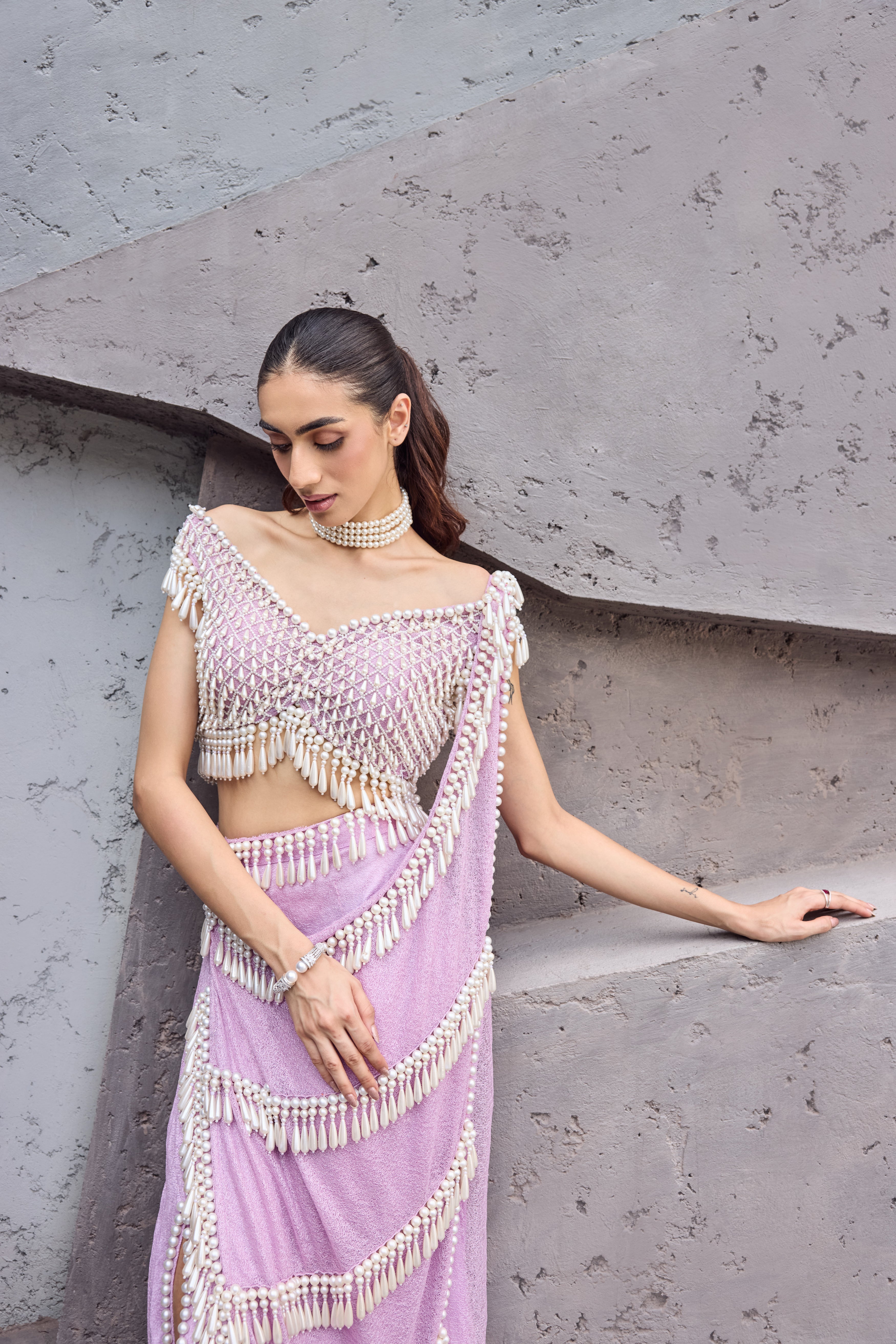 Lavender Pink Pearl tassel sari