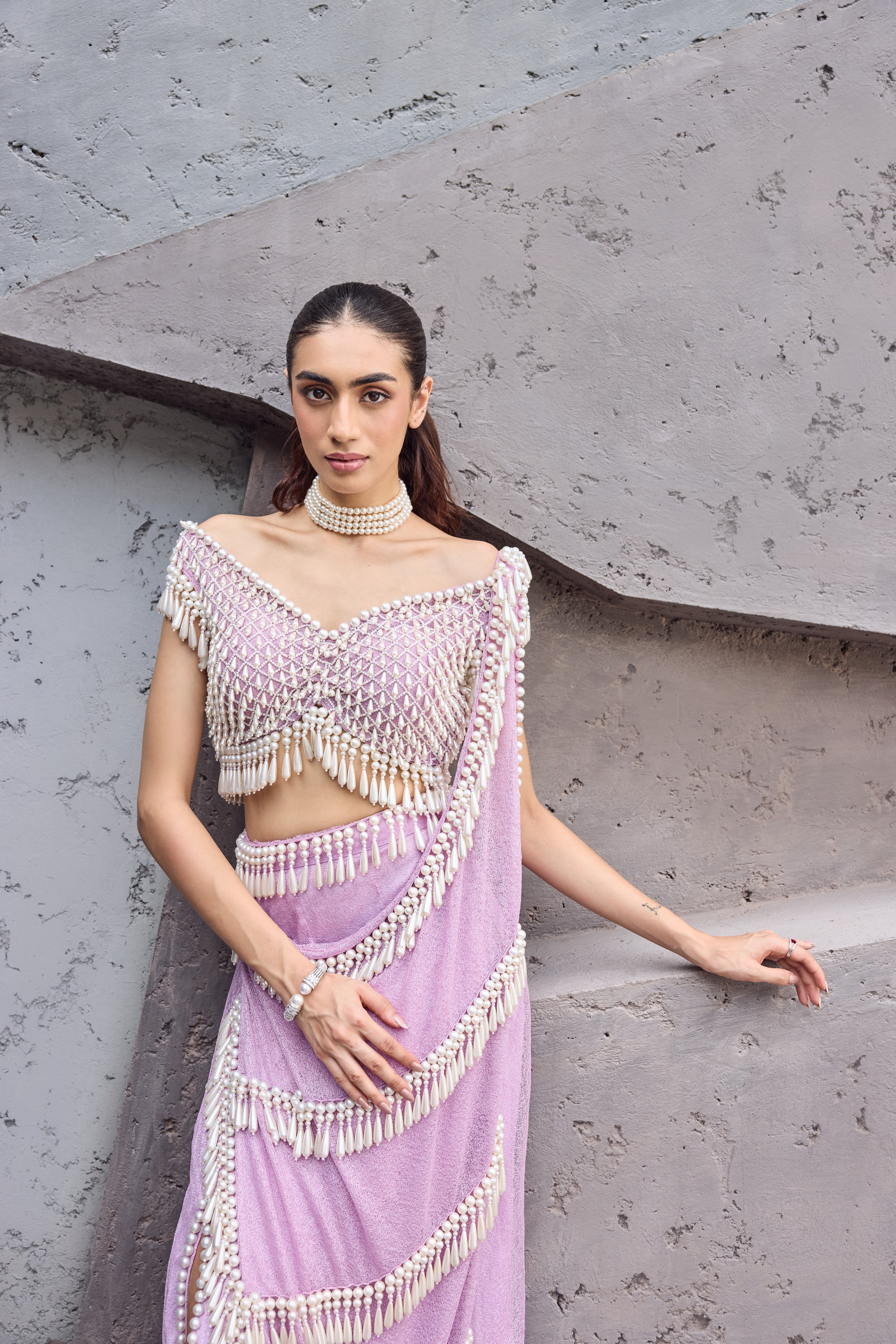 Lavender Pink Pearl tassel sari